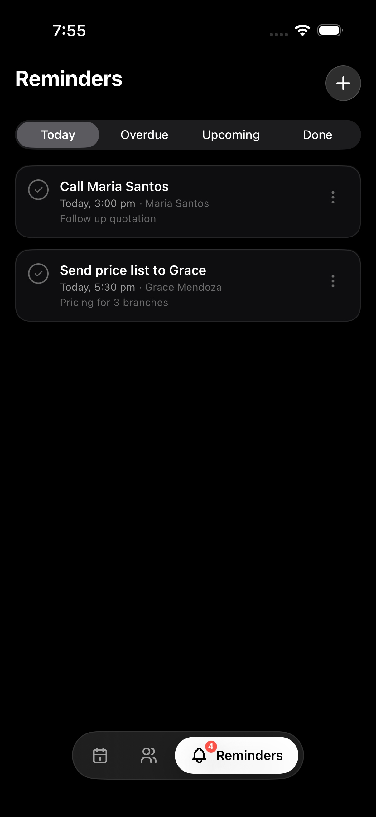 Reminders screen