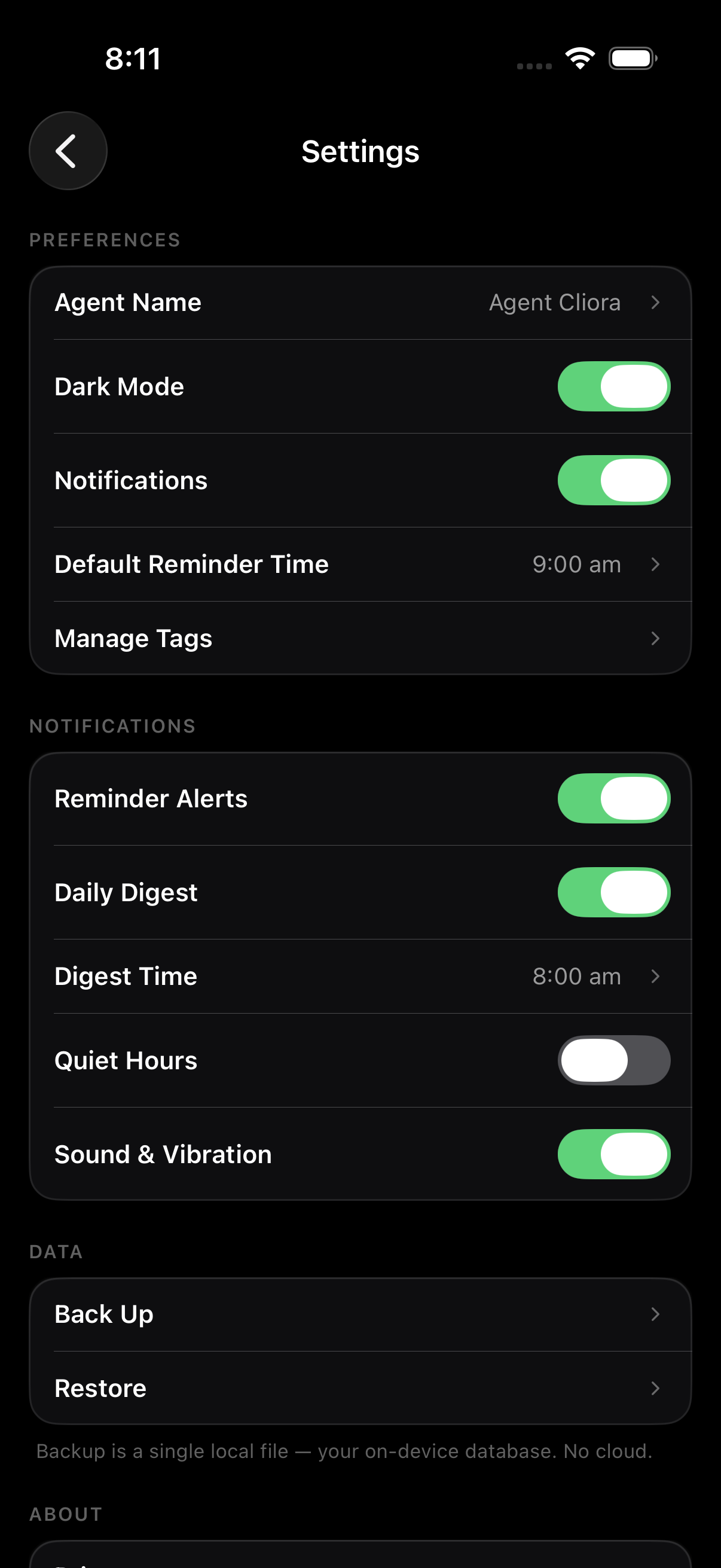 Settings screen